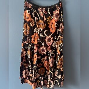 Floral Tiered Midi Skirt in Black with Orange & Cream Blooms